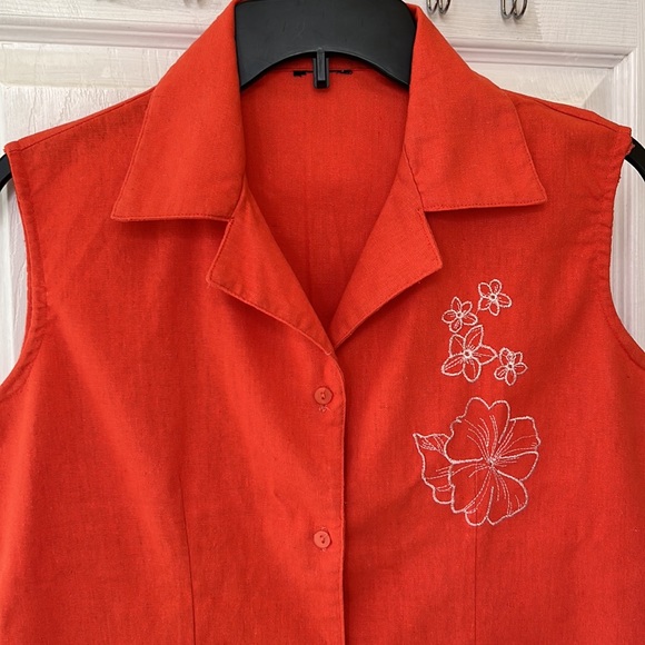 Women Top 100% Cotton Sleeveless Coat Collar Orange Button Down Fitted T… - Picture 2 of 10